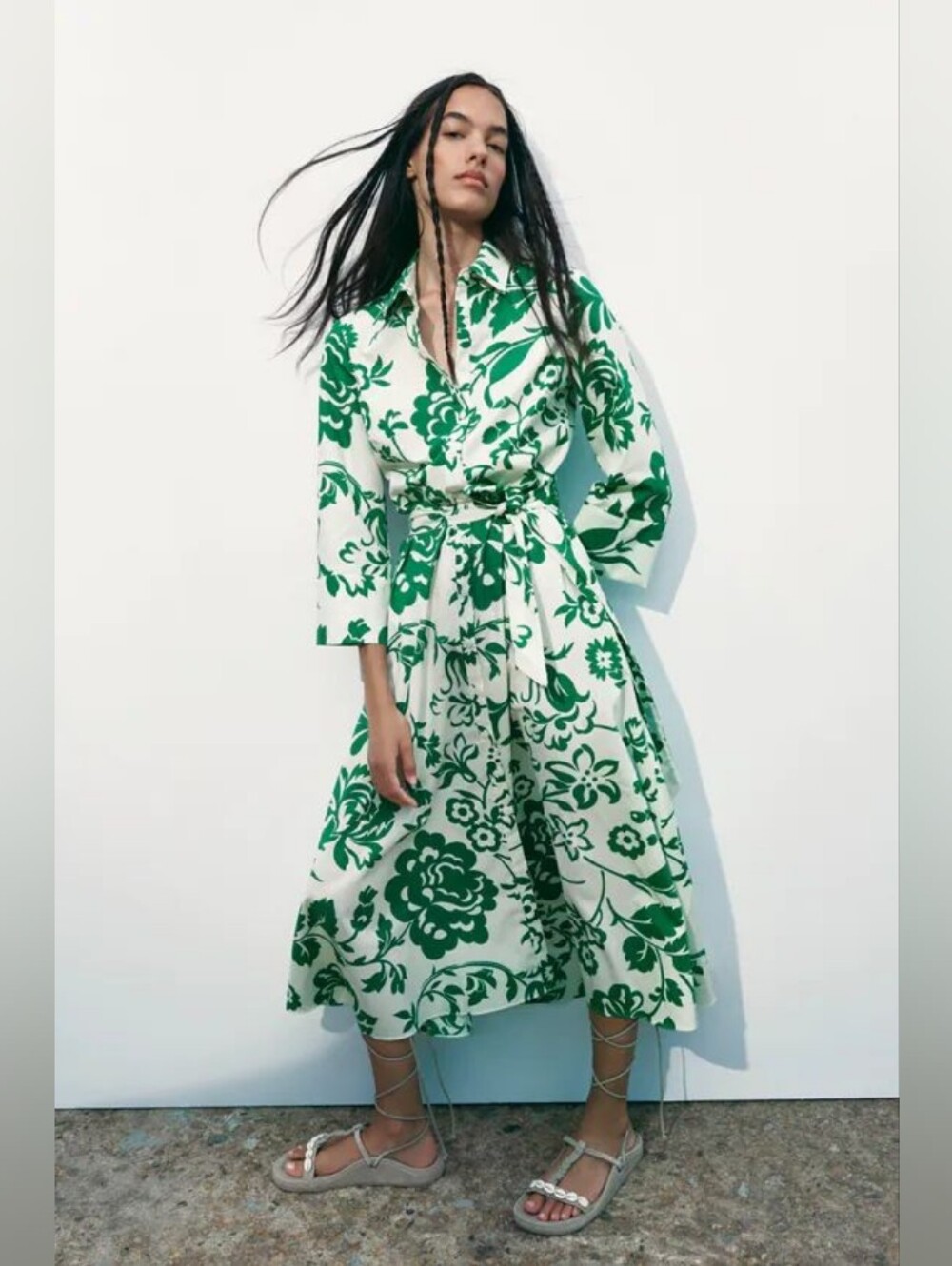 Zara Green and White Long Sleeve Floral Shirt Dress with Tie Waist